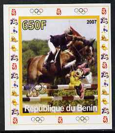 Benin 2007 Equestrian #04 individual imperf deluxe sheet with Olympic Rings & Disney Character unmounted mint, stamps on sport, stamps on olympics, stamps on equestrian, stamps on horses, stamps on show jumping, stamps on disney, stamps on 