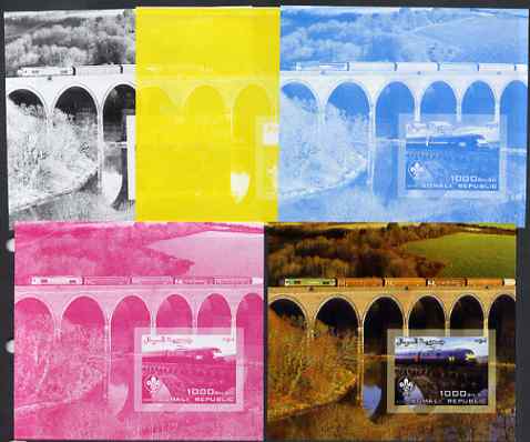 Somalia 2006 Modern Trains #2 souvenir sheet with Scout Logo, the set of 5 imperf progressive proofs comprising the 4 individual colours plus all 4-colour composite, unmounted mint , stamps on railways, stamps on scouts