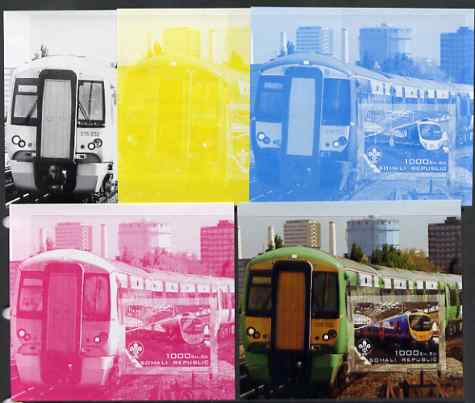 Somalia 2006 Modern Trains #4 souvenir sheet with Scout Logo, the set of 5 imperf progressive proofs comprising the 4 individual colours plus all 4-colour composite, unmounted mint , stamps on railways, stamps on scouts