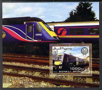 Somalia 2006 Modern Trains #3 perf souvenir sheet with Scout Logo unmounted mint, stamps on railways, stamps on scouts