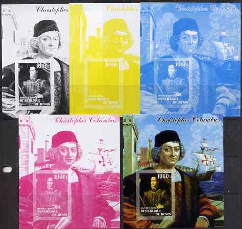 Benin 2006 Christopher Columbus #1 m/sheet, the set of 5 imperf progressive proofs comprising the 4 individual colours plus all 4-colour composite, unmounted mint , stamps on personalities, stamps on columbus, stamps on explorers, stamps on ships