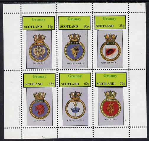 Grunay 1982 Ships Crests #2 (Survey Ship, Assault Ship, Carrier etc) perf set of 6 values (15p to 75p) unmounted mint, stamps on ships      flat tops     submarines