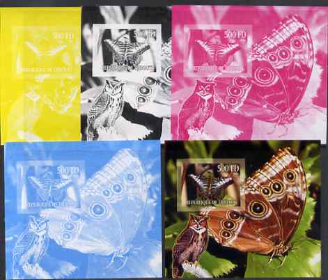 Djibouti 2006 Owl & Butterfly #2 m/sheet, the set of 5 imperf progressive proofs comprising the 4 individual colours plus all 4-colour composite, unmounted mint , stamps on birds of prey, stamps on owls, stamps on birds, stamps on butterflies