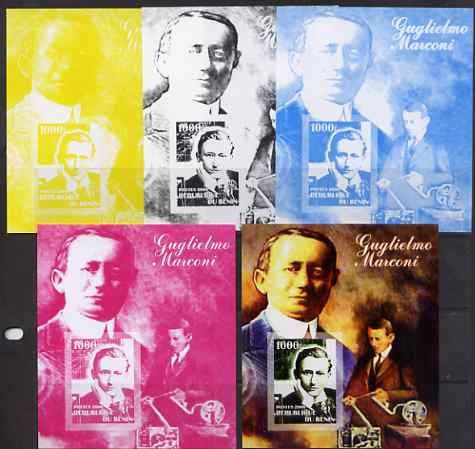 Benin 2006 Guglielmo Marconi #1 m/sheet, the set of 5 imperf progressive proofs comprising the 4 individual colours plus all 4-colour composite, unmounted mint , stamps on personalities, stamps on radio, stamps on communications, stamps on nobel, stamps on physics, stamps on marconi