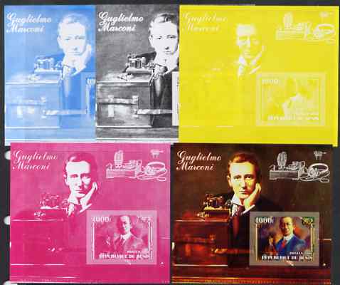 Benin 2006 Guglielmo Marconi #2 m/sheet, the set of 5 imperf progressive proofs comprising the 4 individual colours plus all 4-colour composite, unmounted mint , stamps on personalities, stamps on radio, stamps on communications, stamps on nobel, stamps on physics, stamps on marconi