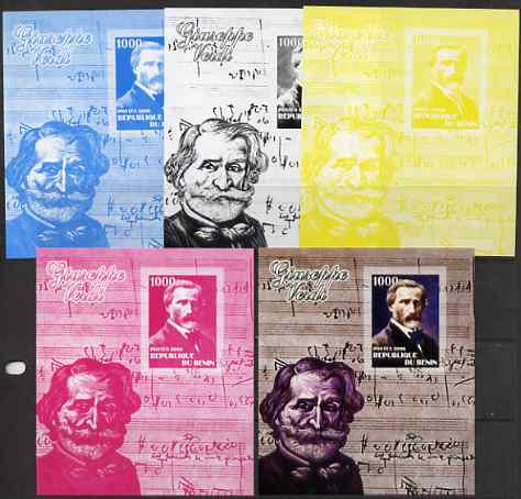 Benin 2006 Giuseppe Verdi #2 m/sheet, the set of 5 imperf progressive proofs comprising the 4 individual colours plus all 4-colour composite, unmounted mint , stamps on personalities, stamps on music, stamps on verdi, stamps on composers