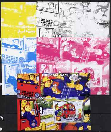 Somalia 2001 Fireman Sam #2 s/sheet, the set of 4 imperf progressive proofs (the 4 individual colours) plus all 4-colour composte (perf) unmounted mint , stamps on fire