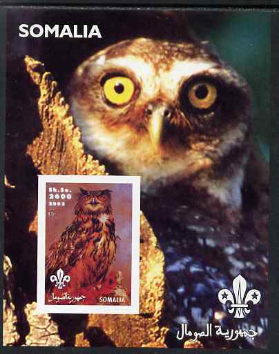 Somalia 2002 Owls #3 imperf s/sheet with Scouts Logo, unmounted mint, stamps on birds, stamps on birds of prey, stamps on scouts, stamps on owls