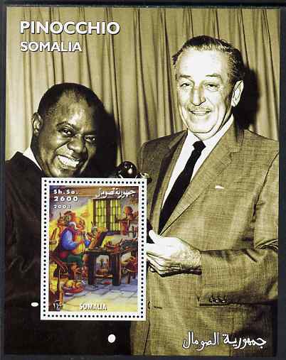 Somalia 2001 Pinocchio & Walt Disney #8 perf s/sheet with Louis Armstrong unmounted mint, stamps on personalities, stamps on movies, stamps on cinema, stamps on films, stamps on disney, stamps on cartoons, stamps on jazz