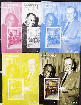 Somalia 2001 Pinocchio & Walt Disney #8 s/sheet with Louis Armstrong, the set of 5 imperf progressive proofs comprising the 4 individual colours plus all 4-colour composite, unmounted mint , stamps on personalities, stamps on movies, stamps on cinema, stamps on films, stamps on disney, stamps on cartoons, stamps on jazz