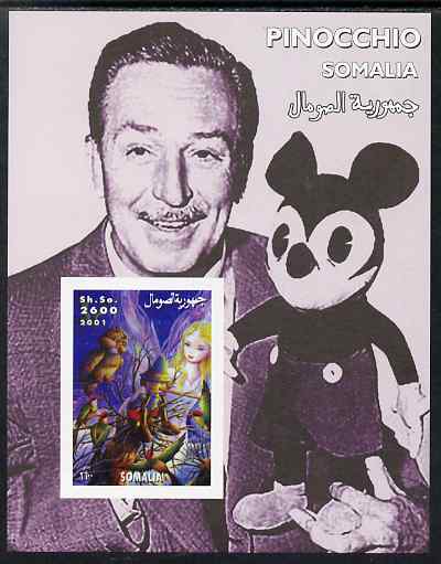 Somalia 2001 Pinocchio & Walt Disney #3 imperf s/sheet, unmounted mint , stamps on personalities, stamps on movies, stamps on cinema, stamps on films, stamps on disney, stamps on cartoons