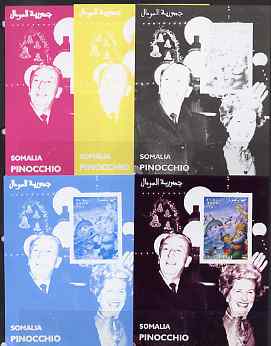 Somalia 2001 Pinocchio & Walt Disney #7 s/sheet, the set of 5 imperf progressive proofs comprising the 4 individual colours plus all 4-colour composite, unmounted mint , stamps on personalities, stamps on movies, stamps on cinema, stamps on films, stamps on disney, stamps on cartoons, stamps on dolphins