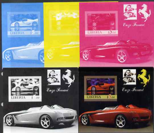 Liberia 2006 Enzo Ferrari #2 m/sheet, the set of 5 imperf progressive proofs comprising the 4 individual colours plus all 4-colour composite, unmounted mint , stamps on cars, stamps on ferrari, stamps on 