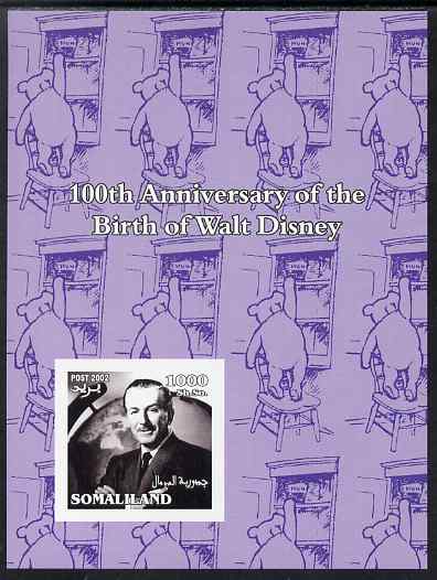 Somaliland 2002 Birth Centenary of Walt Disney #01 imperf m/sheet (lilac background with Winnie the Pooh) unmounted mint, stamps on , stamps on  stamps on films, stamps on  stamps on cinema, stamps on  stamps on disney, stamps on  stamps on personalities, stamps on  stamps on pooh, stamps on  stamps on bears, stamps on  stamps on honey