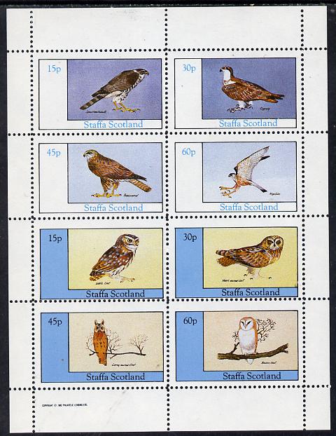 Staffa 1982 Birds of Prey #06 (Sparrow Hawk, Buzzard, Barn Owl etc) perf  set of 8 values (15p to 60p) unmounted mint, stamps on birds, stamps on owls, stamps on birds of prey, stamps on osprey, stamps on buzzard, stamps on hawks, stamps on merlin