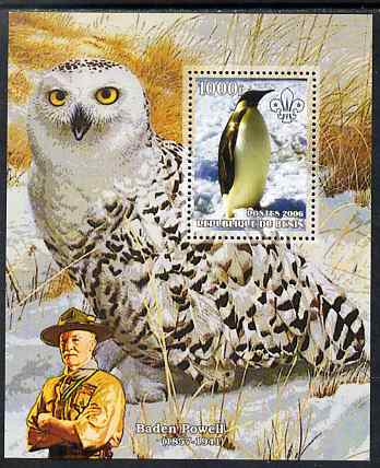 Benin 2006 Penguins #4 (with Olws & Baden Powell in background) perf m/sheet unmounted mint, stamps on birds, stamps on penguins, stamps on scouts, stamps on owls, stamps on birds of prey