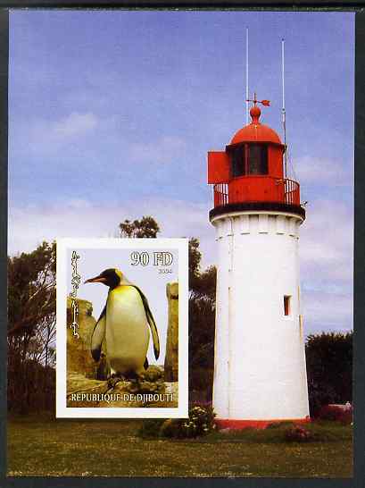 Djibouti 2004 Penguins #2 (Lighthouse in background) imperf m/sheet unmounted mint, stamps on lighthouses, stamps on birds, stamps on penguins, stamps on polar