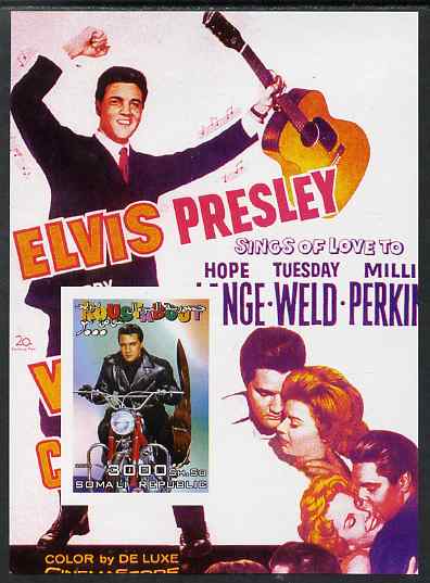 Somalia 2004 Elvis Presley #3 imperf m/sheet (film poster in background) unmounted mint, stamps on music, stamps on personalities, stamps on elvis, stamps on entertainments, stamps on films, stamps on cinema, stamps on movies