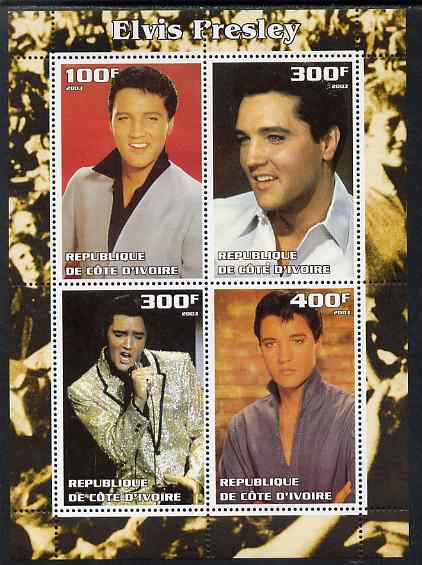 Ivory Coast 2003 Elvis Presley #1 perf sheetlet containing 4 values, unmounted mint. Note this item is privately produced and is offered purely on its thematic appeal, stamps on music, stamps on personalities, stamps on elvis, stamps on entertainments, stamps on films, stamps on cinema, stamps on movies