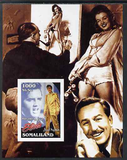 Somaliland 2002 Elvis Presley #1 imperf m/sheet (with Walt Disney & Marilyn in background) unmounted mint, stamps on music, stamps on personalities, stamps on elvis, stamps on entertainments, stamps on films, stamps on cinema, stamps on movies, stamps on marilyn, stamps on disney
