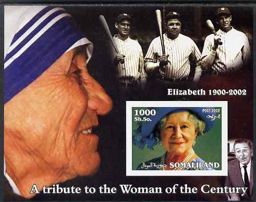 Somaliland 2002 A Tribute to the Woman of the Century #02 - The Queen Mother imperf m/sheet also showing Mother Teresa, Walt Disney & Babe Ruth, unmounted mint, stamps on royalty, stamps on baseball, stamps on teresa, stamps on nobel, stamps on queen mother, stamps on women, stamps on films, stamps on cinema, stamps on disney, stamps on personalities