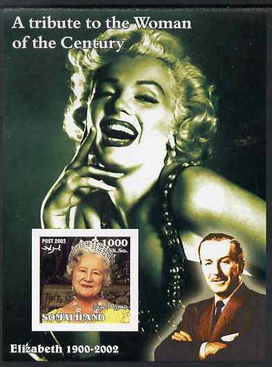 Somaliland 2002 A Tribute to the Woman of the Century #09 - The Queen Mother imperf m/sheet also showing Walt Disney & Marilyn Monroe, unmounted mint. Note this item is privately produced and is offered purely on its thematic appeal, stamps on , stamps on  stamps on royalty, stamps on  stamps on marilyn, stamps on  stamps on marilyn monroe, stamps on  stamps on queen mother, stamps on  stamps on women, stamps on  stamps on films, stamps on  stamps on cinema, stamps on  stamps on disney, stamps on  stamps on personalities