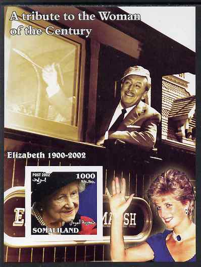 Somaliland 2002 A Tribute to the Woman of the Century #10 - The Queen Mother imperf m/sheet also showing Walt Disney (on Train) & Diana, unmounted mint. Note this item is privately produced and is offered purely on its thematic appeal, stamps on royalty, stamps on railways, stamps on queen mother, stamps on women, stamps on films, stamps on cinema, stamps on disney, stamps on personalities