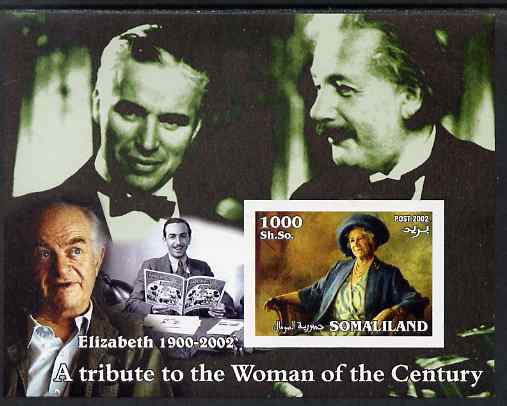 Somaliland 2002 A Tribute to the Woman of the Century #11 - The Queen Mother imperf m/sheet also showing Walt Disney, Einstein & Charlie Chaplin, unmounted mint, stamps on royalty, stamps on einstein, stamps on science, stamps on physics, stamps on queen mother, stamps on women, stamps on films, stamps on cinema, stamps on disney, stamps on personalities, stamps on personalities, stamps on einstein, stamps on science, stamps on physics, stamps on nobel, stamps on maths, stamps on space, stamps on judaica, stamps on atomics, stamps on comedy, stamps on chaplin