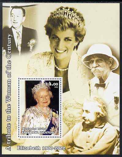 Westpoint Island (Falkland Islands) 2002 A Tribute to the Woman of the Century #1 Queen Mother perf souvenir sheet unmounted mint (Also shows Diana, Einstein, Walt Disney & Akbert Schweitzer). Note this item is privately produced and is offered purely on its thematic appeal, it has no postal validity, stamps on royalty, stamps on diana, stamps on queen mother, stamps on women, stamps on films, stamps on cinema, stamps on disney, stamps on personalities, stamps on peace, stamps on nobel, stamps on music, stamps on religion, stamps on einstein, stamps on science, stamps on physics, stamps on nobel, stamps on maths, stamps on space, stamps on judaica, stamps on atomics