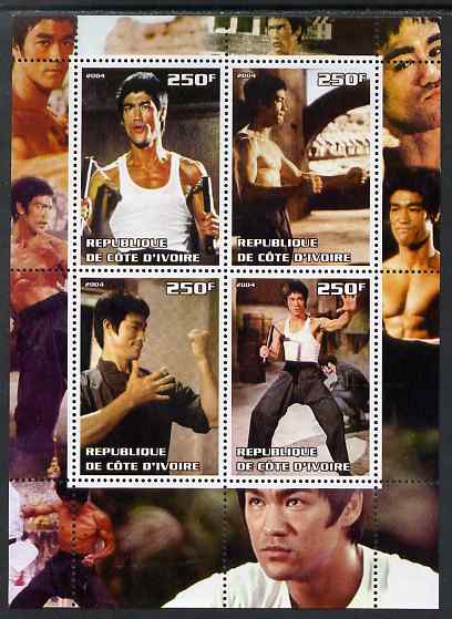 Ivory Coast 2004 Bruce Lee perf sheetlet containing 4 values unmounted mint. Note this item is privately produced and is offered purely on its thematic appeal, stamps on films, stamps on cinema, stamps on entertainments, stamps on movies, stamps on personalities, stamps on martial arts