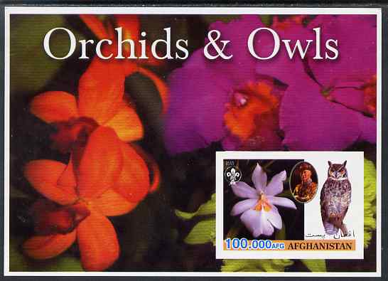 Afghanistan 2003 Orchids & Owls (with baden Powell) imperf souvenir sheet unmounted mint, stamps on flowers, stamps on orchids, stamps on birds, stamps on scouts, stamps on birds of prey, stamps on 
