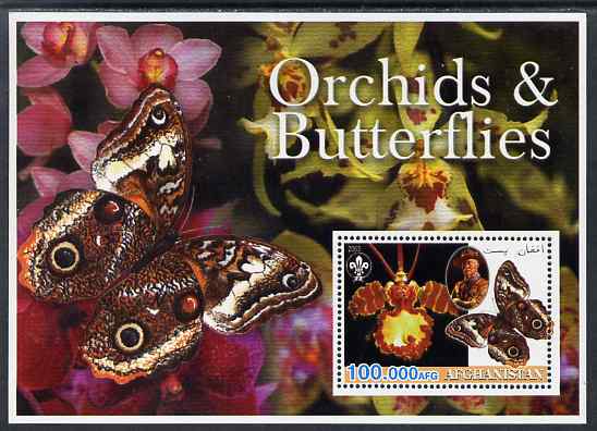 Afghanistan 2003 Orchids & Butterflies (with baden Powell) perf souvenir sheet unmounted mint, stamps on flowers, stamps on orchids, stamps on butterflies, stamps on scouts, stamps on 