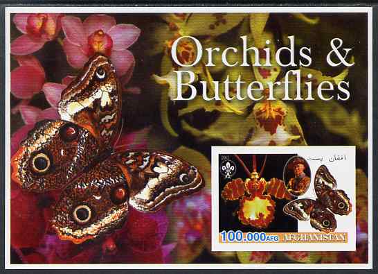 Afghanistan 2003 Orchids & Butterflies (with baden Powell) imperf souvenir sheet unmounted mint, stamps on flowers, stamps on orchids, stamps on butterflies, stamps on scouts, stamps on 