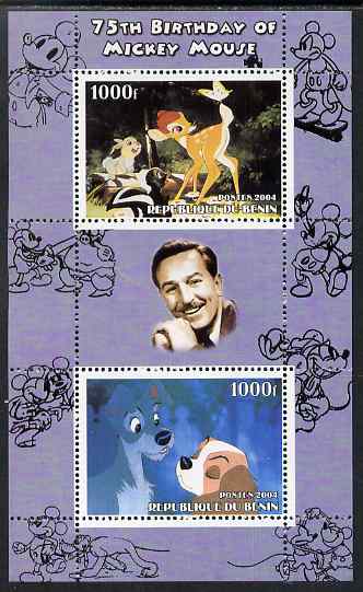 Benin 2004 75th Birthday of Mickey Mouse - Lady & the Tramp perf sheetlet containing 2 values plus label, unmounted mint, stamps on disney, stamps on films, stamps on movies, stamps on cinema