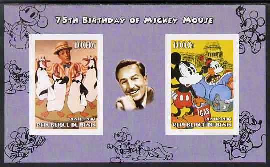 Benin 2004 75th Birthday of Mickey Mouse - Penguins from Mary Poppins & Mickey in Oil Crisis imperf sheetlet containing 2 values plus label, unmounted mint, stamps on disney, stamps on films, stamps on movies, stamps on cinema, stamps on penguins, stamps on films, stamps on cinema, stamps on  oil , stamps on 
