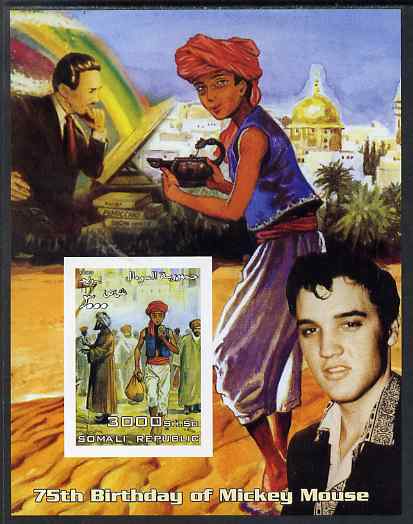 Somalia 2003 75th Birthday of Mickey Mouse #9 - Aladdin with Elvis imperf s/sheet unmounted mint. Note this item is privately produced and is offered purely on its themat..., stamps on disney, stamps on personalities, stamps on films, stamps on cinema, stamps on elvis, stamps on music, stamps on rock