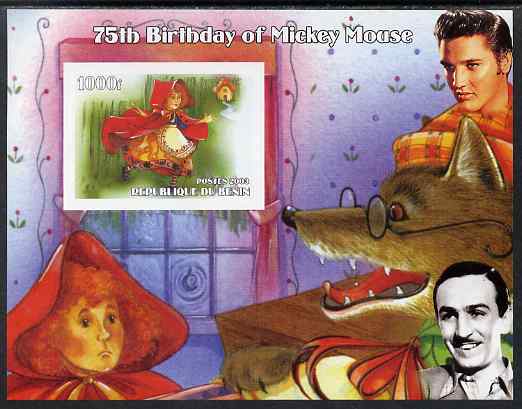 Benin 2003 75th Birthday of Mickey Mouse - Little Red Riding Hood #03 (also shows Elvis & Walt Disney) imperf m/sheet unmounted mint, stamps on personalities, stamps on movies, stamps on films, stamps on cinema, stamps on fairy tales, stamps on elvis, stamps on disney