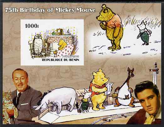Benin 2003 75th Birthday of Mickey Mouse - Winnie the Pooh #1 (also shows Elvis & Walt Disney) imperf m/sheet unmounted mint, stamps on personalities, stamps on movies, stamps on films, stamps on cinema, stamps on fairy tales, stamps on elvis, stamps on disney, stamps on bears, stamps on owls