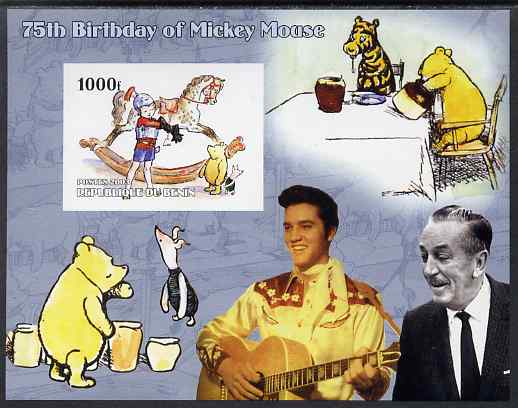Benin 2003 75th Birthday of Mickey Mouse - Winnie the Pooh #2 (also shows Elvis & Walt Disney) imperf m/sheet unmounted mint, stamps on personalities, stamps on movies, stamps on films, stamps on cinema, stamps on fairy tales, stamps on elvis, stamps on disney, stamps on bears, stamps on 