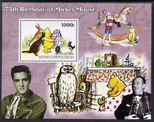 Benin 2003 75th Birthday of Mickey Mouse - Winnie the Pooh #3 (also shows Elvis & Walt Disney) perf m/sheet unmounted mint, stamps on personalities, stamps on movies, stamps on films, stamps on cinema, stamps on fairy tales, stamps on elvis, stamps on disney, stamps on bears, stamps on owls