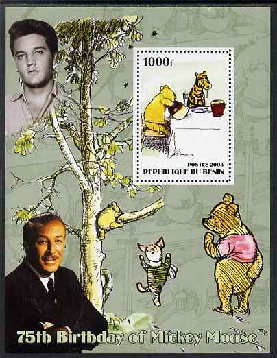 Benin 2003 75th Birthday of Mickey Mouse - Winnie the Pooh #4 (also shows Elvis & Walt Disney) perf m/sheet unmounted mint, stamps on personalities, stamps on movies, stamps on films, stamps on cinema, stamps on fairy tales, stamps on elvis, stamps on disney, stamps on bears