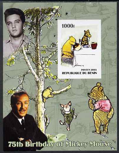 Benin 2003 75th Birthday of Mickey Mouse - Winnie the Pooh #4 (also shows Elvis & Walt Disney) imperf m/sheet unmounted mint. Note this item is privately produced and is ..., stamps on personalities, stamps on movies, stamps on films, stamps on cinema, stamps on fairy tales, stamps on elvis, stamps on disney, stamps on bears