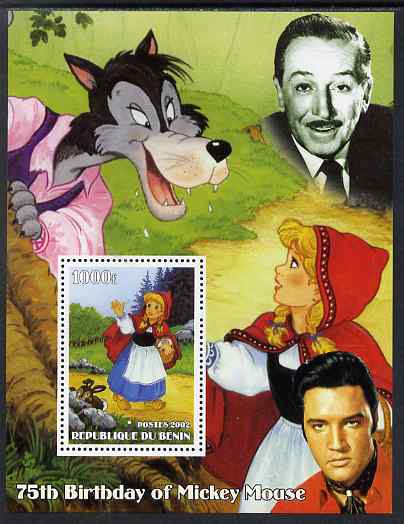 Benin 2002 75th Birthday of Mickey Mouse - Little Red Riding Hood #02 (also shows Elvis & Walt Disney) perf m/sheet unmounted mint, stamps on personalities, stamps on movies, stamps on films, stamps on cinema, stamps on fairy tales, stamps on elvis, stamps on disney