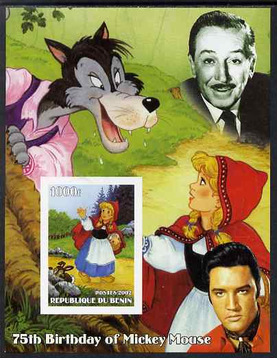 Benin 2002 75th Birthday of Mickey Mouse - Little Red Riding Hood #02 (also shows Elvis & Walt Disney) imperf m/sheet unmounted mint, stamps on personalities, stamps on movies, stamps on films, stamps on cinema, stamps on fairy tales, stamps on elvis, stamps on disney