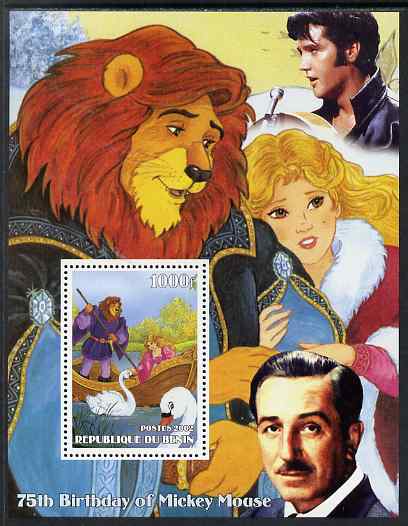 Benin 2002 75th Birthday of Mickey Mouse - Beauty & The Beast #1 (also shows Elvis & Walt Disney) perf m/sheet unmounted mint, stamps on personalities, stamps on movies, stamps on films, stamps on cinema, stamps on fairy tales, stamps on elvis, stamps on disney