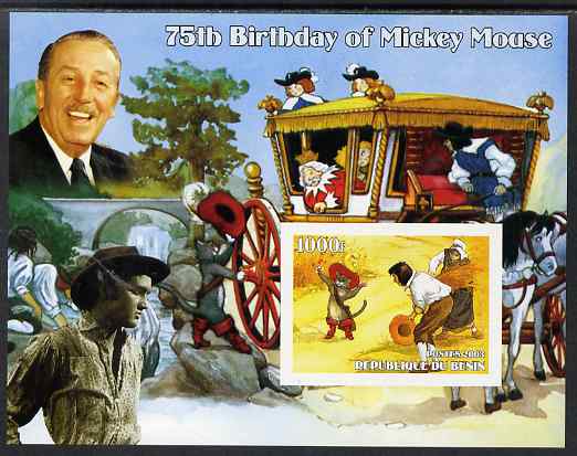 Benin 2003 75th Birthday of Mickey Mouse - Puss in Boots (also shows Elvis & Walt Disney) imperf m/sheet unmounted mint, stamps on personalities, stamps on movies, stamps on films, stamps on cinema, stamps on fairy tales, stamps on elvis, stamps on disney, stamps on cats