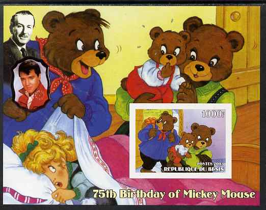 Benin 2003 75th Birthday of Mickey Mouse - Goldilocks & the Three Bears (also shows Elvis & Walt Disney) imperf m/sheet unmounted mint, stamps on personalities, stamps on movies, stamps on films, stamps on cinema, stamps on fairy tales, stamps on elvis, stamps on disney, stamps on 