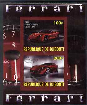 Djibouti 2009 Ferrari Cars #1 imperf sheetlet containing 2 values (Spider 16M & 599 GTB) unmounted mint, stamps on cars, stamps on ferrari