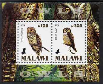 Malawi 2009 Owls #1 perf sheetlet containing 2 values unmounted mint, stamps on birds, stamps on birds of prey, stamps on owls