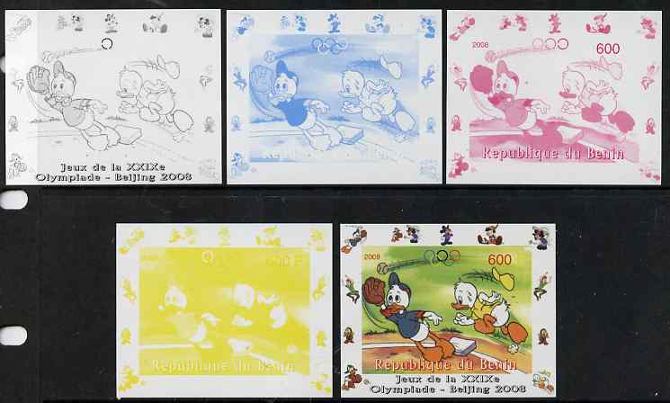 Benin 2008 Disney Characters playing Baseball #02 individual deluxe sheet with Olympic Rings - the set of 5 imperf progressive proofs comprising the 4 individual colours ..., stamps on sport, stamps on olympics, stamps on baseball, stamps on disney